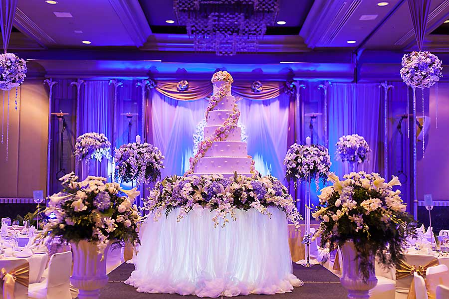 Big wedding cake in the wedding reception area