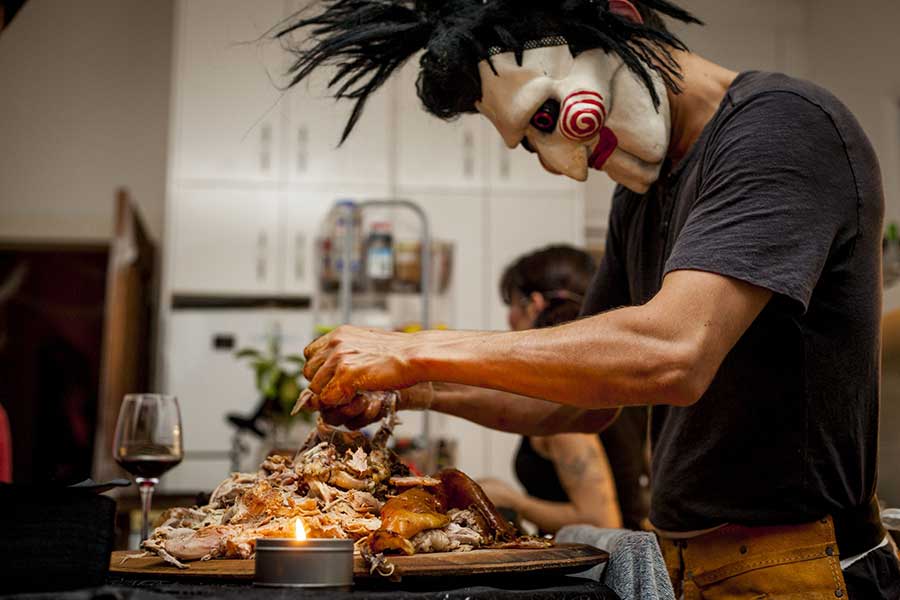 Chef Robert Morales dressed up in theme for Halloween - CHEFIN's 3y anniversary celebration at The Retro Space dining room in Sydney