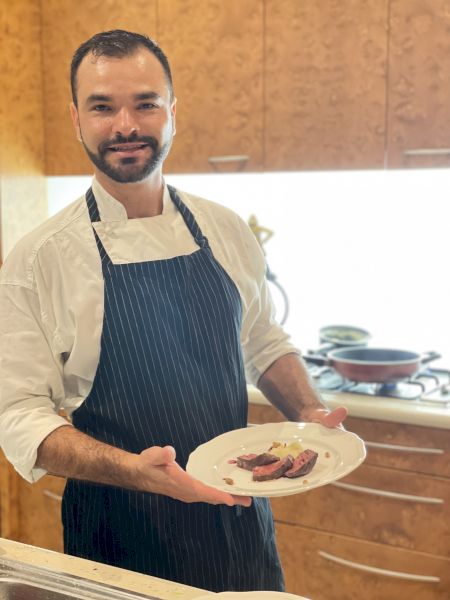 Edson Marchisette presenting NSW Grass Fed Eye Fillet, Wagyu ponzu, Murray River salt flakes, parsnip purée, fennel, porcini dust