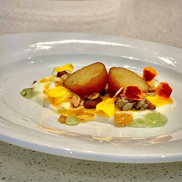 Chef Sahil Sabhlok Aam ka Meetha, mango cremeux, sweetened ricotta fried dumpling, freeze dried raspberry, golden leaf-2