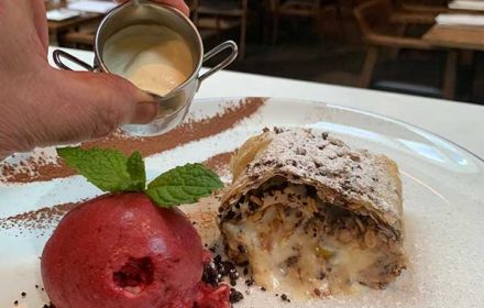 chef Graham Manvell Pear cream cheese strudel with freshly churned cherry sorbet