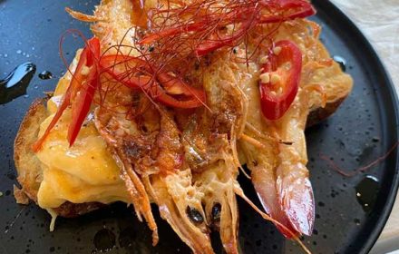 chef Graham Manvell whole grilled prawns on scrambled egg with angel hair chilli