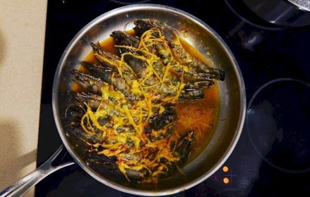 Chef Michael Chatto presenting green king tiger prawns pan fried, saffron gel