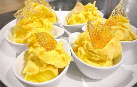 chef Yukiko Anschutz Housemade Mango sorbet with Caramelised Sesame Shards