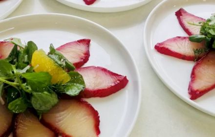 Chef Tom Sarkis Orange & Beetroot Cured Kingfish with Watercress Salad