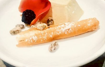 Chef Tom Sarkis Pistachio pannacotta with candied pistachios & flaky filo pastry