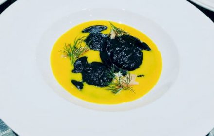 Chef Tom Sarkis Squid Ink Prawn Ravioli with Saffron Beurre Blanc