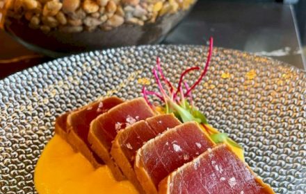 Chef Lucas Yshida Seared yellowfin tuna, Aji amarillo, Shoyu, Zuke pickle