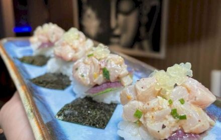Chef Lucas Yshida Snapper gunkan style, caviar, lemon