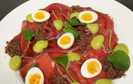 Chef Claudio Zannotti Yellowfin tuna, marinated, quail eggs, avocado, taggiasca olives