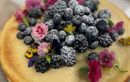 Chef Gavin Hughes baked cheesecake, berries, flowers