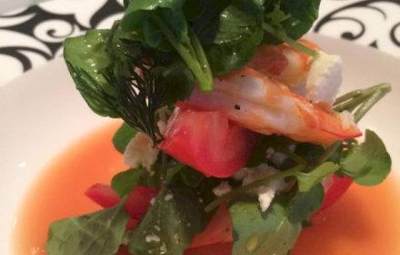 Chef Jeff Campbell King prawns with tomato jelly and watercress