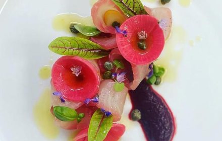 Chef Glen Robberts Beetroot and Citrus Cured Wild Kingfish Pickled Watermelon Radish and Native Basil Flowers Dish
