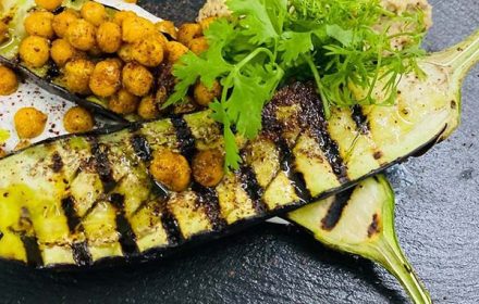Chef Glen Robberts Miso Grilled Eggplant Sumac Yoghurt Turmeric Toasted Chickpeas Dish