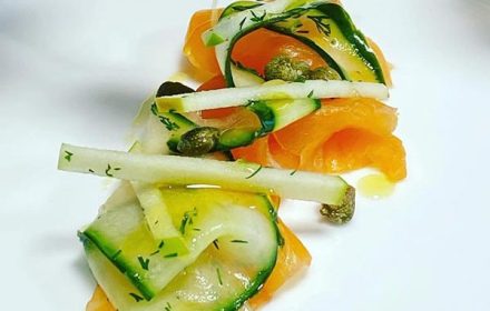 Chef Glenn Robberts Pine Needle Cold Smoked Salmon Pickled Cucumber Apple Capers Dill Oil Dish