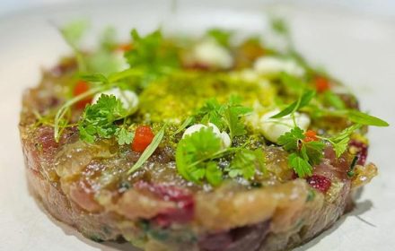Chef Lino Sauro Blue Fin Tuna Tartare-Crescenza Colatura Pistacchi Cervil Evoo Dish