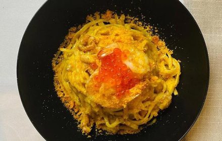Chef Lino Sauro Carbonara di Mare containing Cured Egg Yolks Smoked Eel Meat Smoked Eel Dashi with Stir Fried Southern Calamari and Black Peppercorn Dish