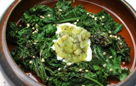 Chef Olivia Nono Charred Kale Kiwi and Celery Salsa Yoghurt Buckwheat Dish