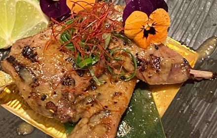 Chef Sadaharu Aoki Quail Okariba Yaki with Prepared Quail, Chargrilled and with Goma Miso Glaze Dish