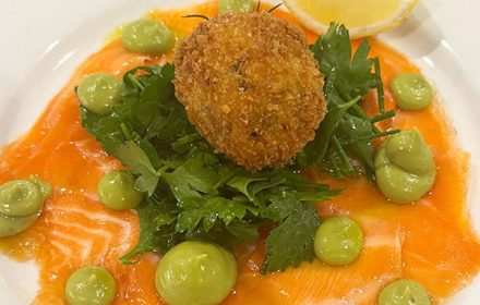 Chef Craig Wright Citrus Cured Ocean Trout With Spanner Crab Croquette Dish