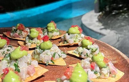 Chef Craig Wright Kingfish Ceviche, Corn Crisp, Avocado Dish