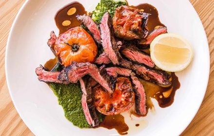 Chef Craig Wright Wagyu skirt steak, slow roasted tomatoes, salsa verde dish