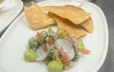 Chef Craig Wright Wild Kingfish Ceviche, Radish, Native Finger Lime, Corn Crisps Dish