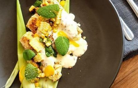 Chef Glenn Minchinton Corn cannelloni, ricotta, corn custard, Charred corn and mint Dish