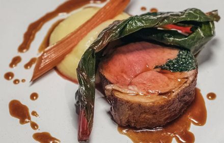 Chef Karl Patrick Thomas Rolled Lamb Loin Stuffed With Stinging Nettles, Mash, Jerusalem Artichoke Puree, Rainbow Silverbeet, Lamb Jus Dish