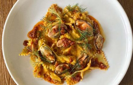 Chef Luca Giotto Farfelle, Yellow Capsicum, Lemon Sauce, Mussels, Wild Fennel