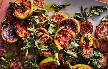 Chef Nornie Bero baked yams with charred pepperberry figs and crispy saltbush dish