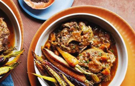 Chef Nornie Bero kangaroo tail stew with pepperberry roasted heirloom carrots dish