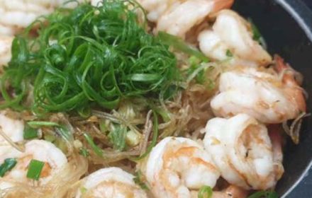 Chef Allen Lai Green Bean flour vermicelli, spring onion, QLD King Prawn Casserole