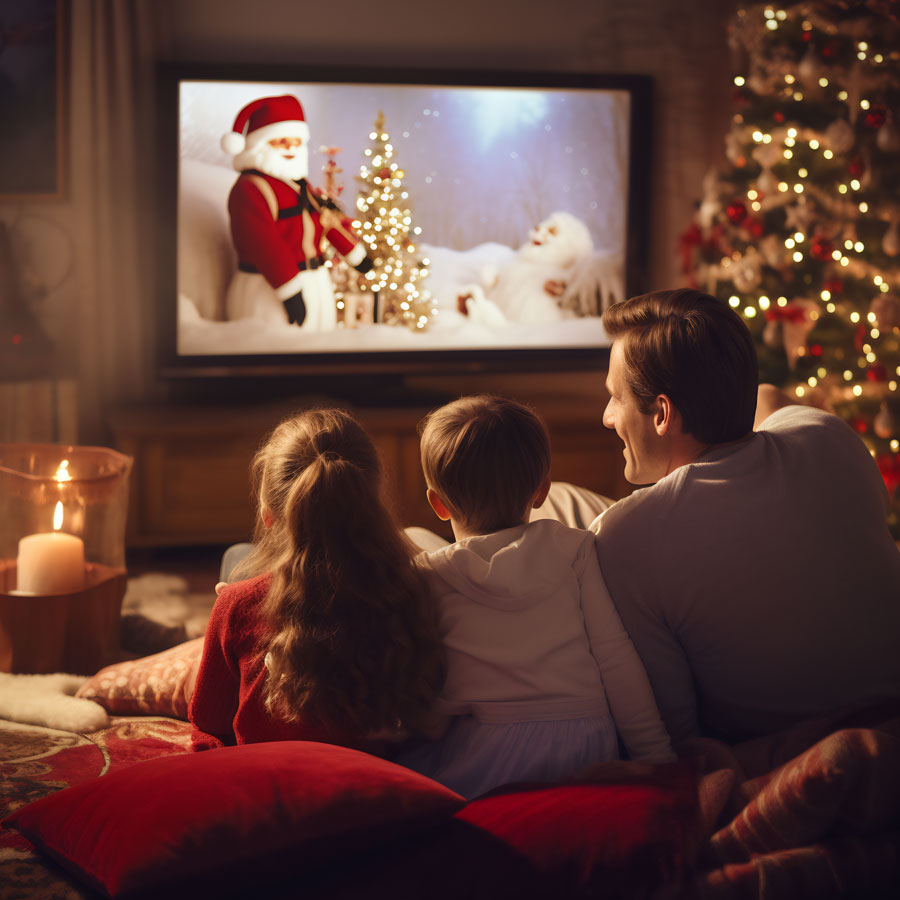 A classic Christmas movie playing on a screen with a family snuggled together