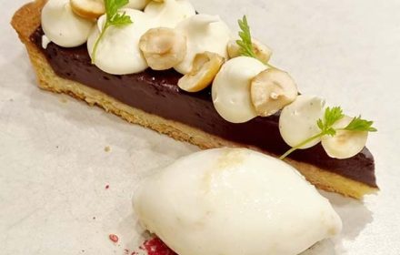 Chef Eloise Riemann Baked Chocolate tart, Wattle Seed Pastry, whipped Marscpone, toasted Hazelnuts and Vanilla Gelato