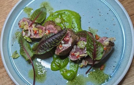 Chef Vedran Perojevic lamb tataki with rocket and grana padano puree and herb oil