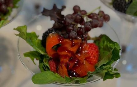 Chef Rossana Valenzano Sake And Hibiscus Cured Salmon Salad With Raspberry Balsamic Glaze