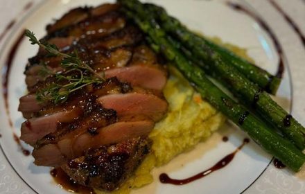 Chef Rossaana Valenzano Smoked Duck With Special Muntries And Blood Orange Jus, Jerusalem Atichoke Puree, Grilled Garlic Asparagus