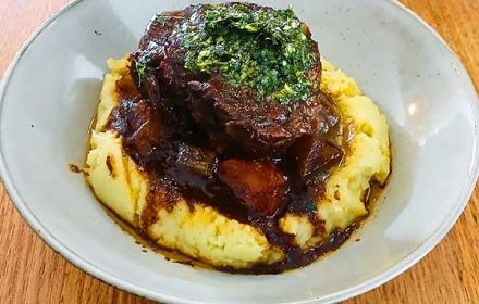 Chef Jonathan Heath Deboned Wagyu Beef Shin, Confit Garlic Mash, Braised Root Vegetables, Gremolata