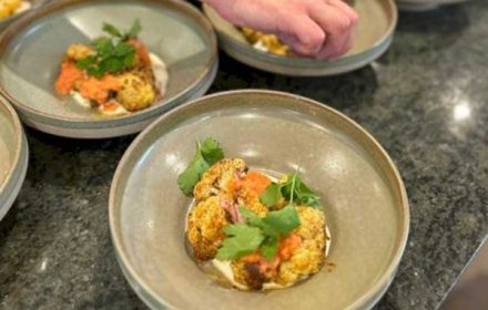 Chef Shireen Reilly Kruvit, Fried Cauliflower, Ras El Hanout, Tomato Salsa, Pickled Onion, Chilli, Fried Leaves, Tahini Yoghurt