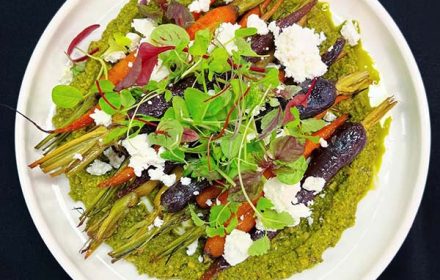 Chef Egidio Ayala Heirloom Baby Carrots, Chunky Pistachio Pesto, Persian Feta