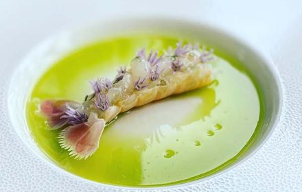 Chef Tony Moss Scampi Crudo, Mandarin, Green Onion, Chive Flowers