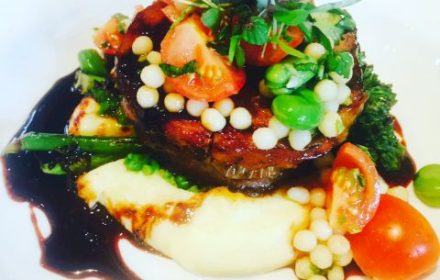 Chef Mani Bharat Braised capretto, minted crushed peas, celeriac mash, pearl couscous, broad bean salsa, rosemary jus