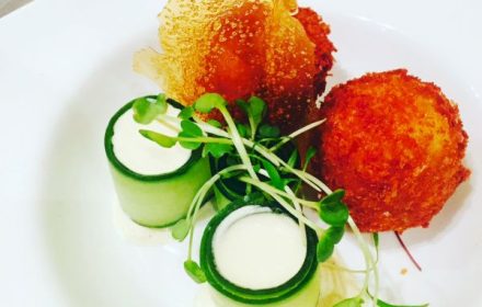 Chef Mani Bharat Quail eggs croquete, pickled cucumber, lebnah, glass potato chips