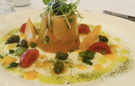 Chef Mani Bharat Seafood Bouillabaisse, citrus gel, fried capers, cherry tomatoes, orange segments, herb oil