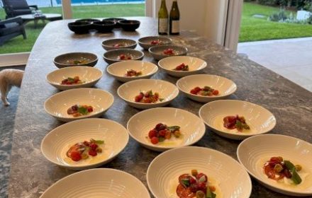 Chef Lyan Shim Assorted tomato texture, burrata, basil