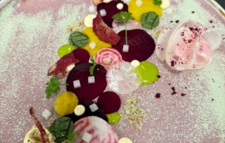 Chef Lyan Shim Beetroot carpaccio, nasturtium emulsion, pickled daikon , candied pepita crumbl, macadamia curd