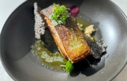 Chef Lyan Shim Salmon ,pipi clam,burnt butter,pickled radish,squid ink crisp