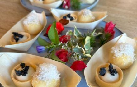 Chef Lyan Shim Smoke cauliflower tartlet, arugar caviar AND Fermented tofu arancini, gruyere snow