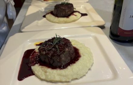 Chef Krisha Shewani Grass fed filet mignon, paris mash, red wine, rosemary reduction